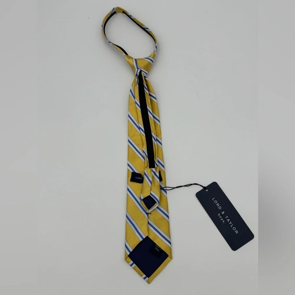 NWT Boys 100% Silk Clip on neck tie striped yellow blue adjustable zip easy on
